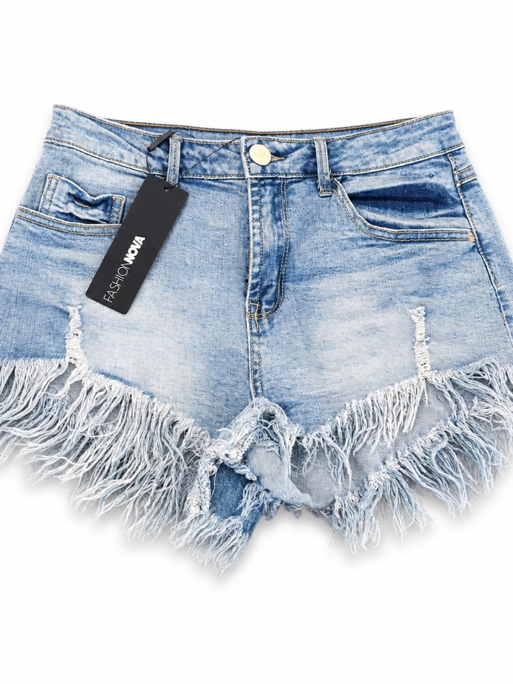 Fashion Nova Light Blue Distressed Fringe Denim Shorts